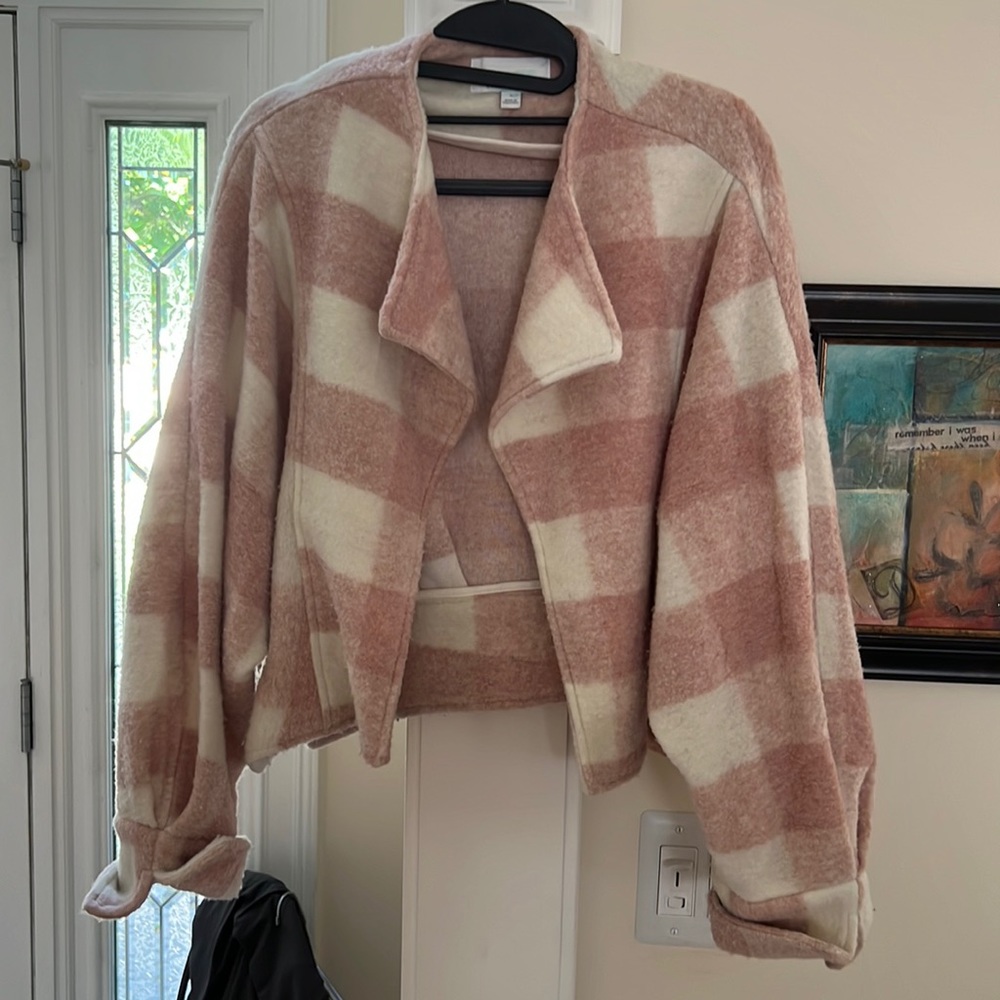 Anthropologie pink and white plaid winter jacket